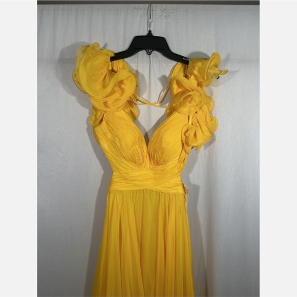 NWT $598‎ Mac Duggal [ 2 ] Ruffle Tiered Cutout Chiffon Gown Sunshin Yellow - Picture 4 of 15